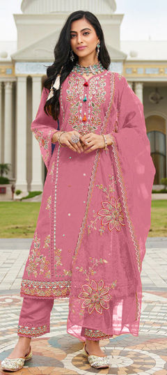 Pink and Majenta color Salwar Kameez in Cotton fabric with Embroidered, Sequence work