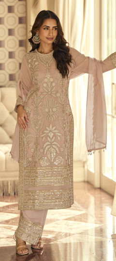 Pink and Majenta color Salwar Kameez in Georgette fabric with Embroidered, Moti, Sequence work