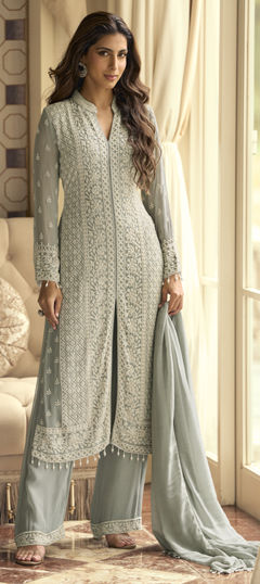 Black and Grey color Salwar Kameez in Georgette fabric with Embroidered, Moti, Sequence work