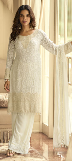 White and Off White color Salwar Kameez in Georgette fabric with Embroidered, Moti, Sequence work