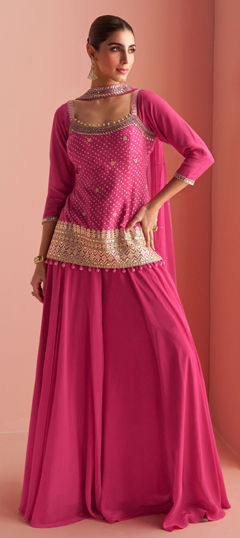Pink and Majenta color Salwar Kameez in Chinon Silk fabric with Embroidered, Mirror, Printed work