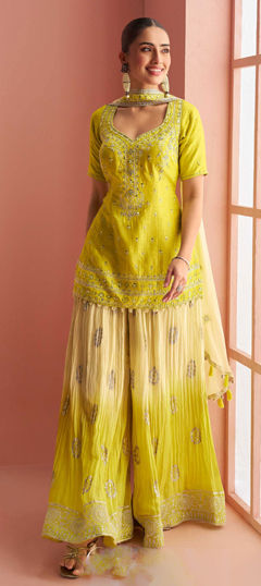 Yellow color Salwar Kameez in Chinon Silk fabric with Embroidered, Mirror, Printed work