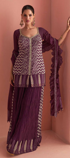 Purple and Violet color Salwar Kameez in Chinon Silk fabric with Embroidered, Mirror, Printed work