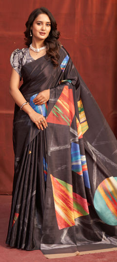 Black and Grey color Saree in Crepe Silk fabric with Digital Print work