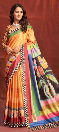 Orange color Saree in Crepe Silk fabric with Digital Print work