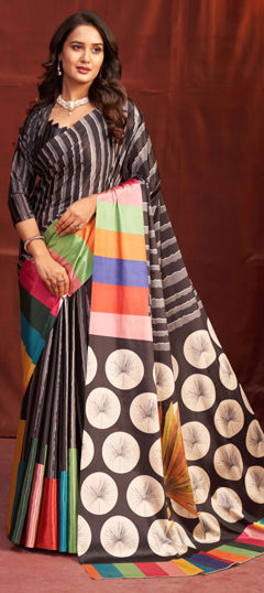 Black and Grey color Saree in Crepe Silk fabric with Digital Print work
