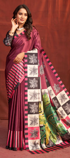 Red and Maroon color Saree in Crepe Silk fabric with Digital Print work