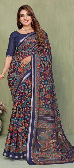 Blue color Saree in Cotton, Malmal fabric with Printed work
