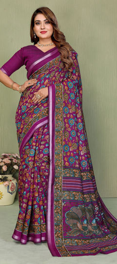 Purple and Violet color Saree in Cotton, Malmal fabric with Printed work