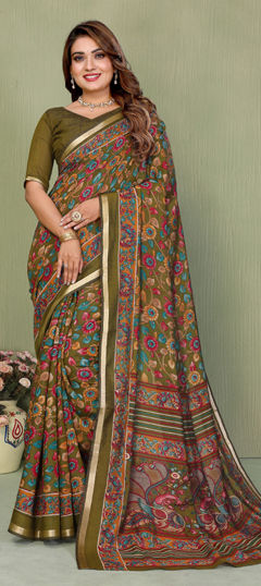 Green color Saree in Cotton, Malmal fabric with Printed work