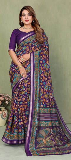 Purple and Violet color Saree in Cotton, Malmal fabric with Printed work