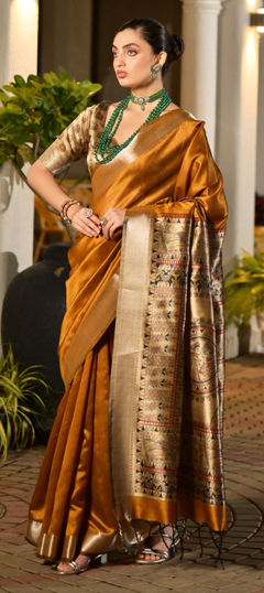 Beige and Brown color Saree in Raw Silk fabric with Weaving work