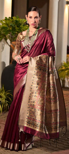 Red and Maroon color Saree in Raw Silk fabric with Weaving work