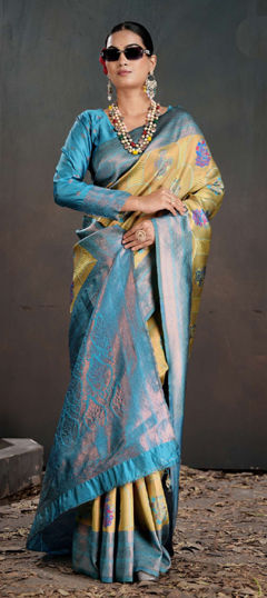 Gold color Saree in Art Silk fabric with Weaving work