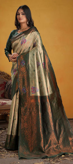 Gold color Saree in Art Silk fabric with Weaving work