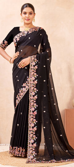 Black and Grey color Saree in Georgette fabric with Embroidered, Resham work
