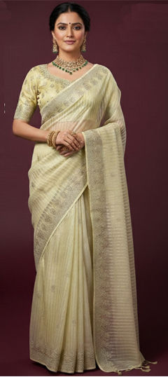 Beige and Brown color Saree in Silk fabric with Embroidered, Thread work