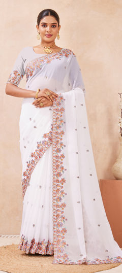 White and Off White color Saree in Georgette fabric with Embroidered, Resham work