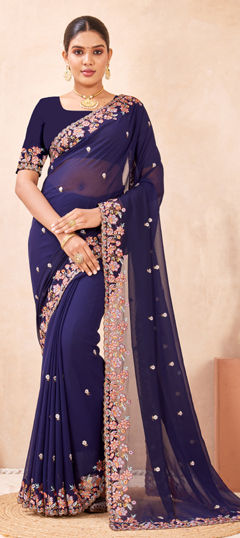 Blue color Saree in Georgette fabric with Embroidered, Resham work