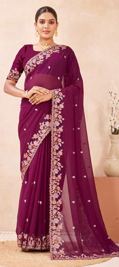 Purple and Violet color Saree in Georgette fabric with Embroidered, Resham work