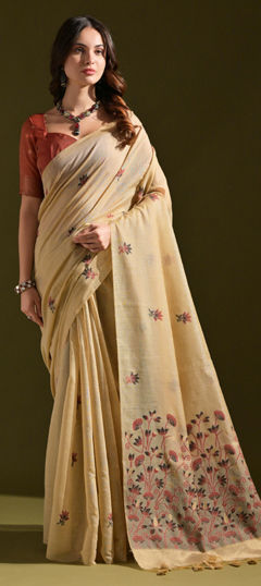 White and Off White color Saree in Cotton fabric with Weaving work