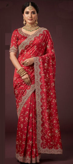 Red and Maroon color Saree in Satin Silk fabric with Embroidered, Sequence work