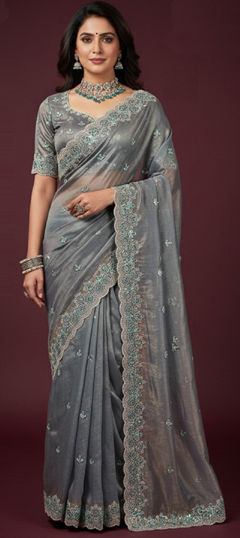 Black and Grey color Saree in Satin Silk fabric with Embroidered, Sequence work