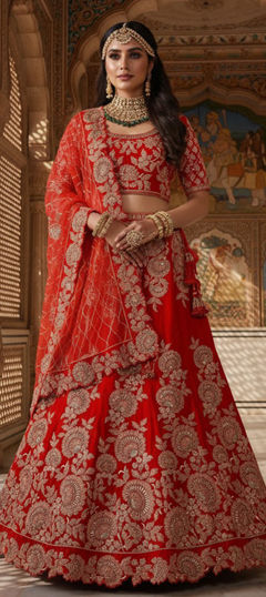 Red and Maroon color Lehenga in Velvet fabric with Embroidered, Thread work