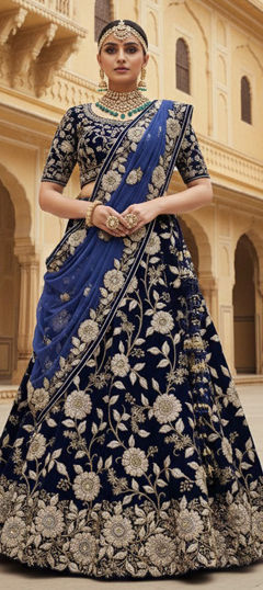 Blue color Lehenga in Velvet fabric with Embroidered, Thread, Zari work