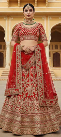 Red and Maroon color Lehenga in Velvet fabric with Embroidered work