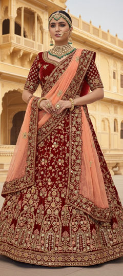 Red and Maroon color Lehenga in Velvet fabric with Embroidered, Resham, Sequence, Zari work