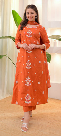 Orange color Salwar Kameez in Rayon fabric with Embroidered, Resham, Thread work