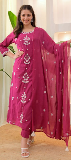 Pink and Majenta color Salwar Kameez in Rayon fabric with Embroidered, Resham, Thread work