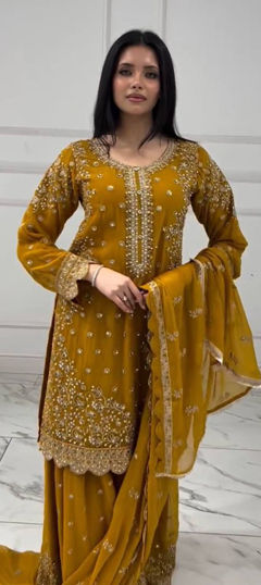 Gold color Salwar Kameez in Faux Georgette fabric with Embroidered, Stone, Thread work