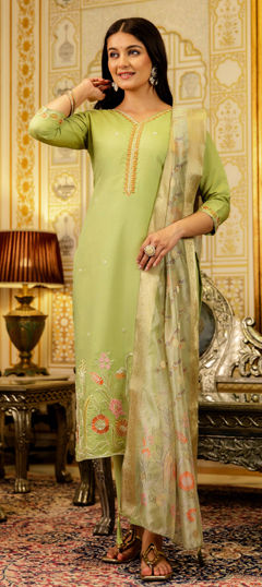 Green color Salwar Kameez in Shimmer, Viscose fabric with Embroidered, Resham, Sequence, Thread work