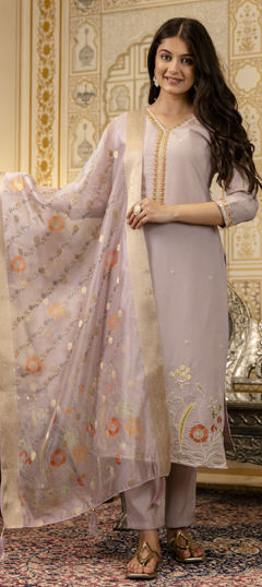 Beige and Brown color Salwar Kameez in Shimmer, Viscose fabric with Embroidered, Resham, Sequence, Thread work