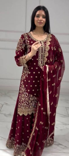 Pink and Majenta color Salwar Kameez in Faux Georgette fabric with Embroidered, Stone, Thread work