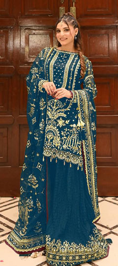 Blue color Salwar Kameez in Faux Georgette fabric with Embroidered, Sequence, Thread work