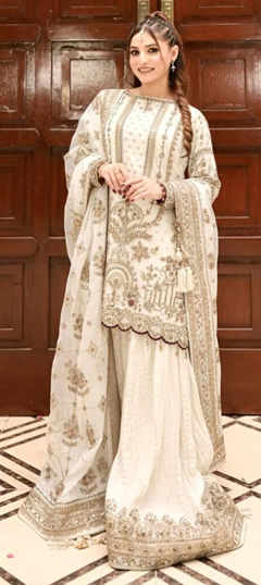 White and Off White color Salwar Kameez in Faux Georgette fabric with Embroidered, Sequence, Thread work