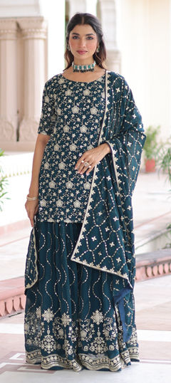 Blue color Salwar Kameez in Faux Georgette fabric with Embroidered, Sequence work