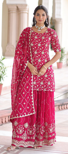 Pink and Majenta color Salwar Kameez in Faux Georgette fabric with Embroidered, Sequence work