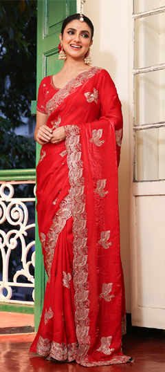 Red and Maroon color Saree in Tissue fabric with Embroidered work