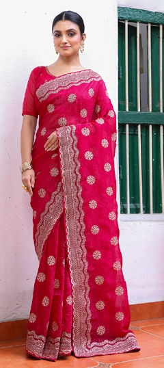 Pink and Majenta color Saree in Chiffon fabric with Embroidered work