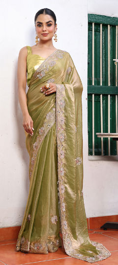 Green color Saree in Tissue fabric with Embroidered work