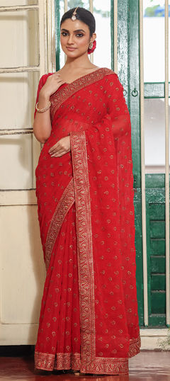 Red and Maroon color Saree in Chiffon fabric with Embroidered work