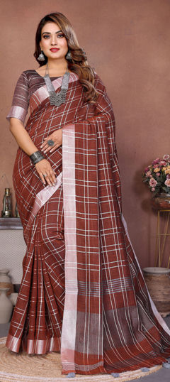 Beige and Brown color Saree in Cotton, Linen fabric with Printed work