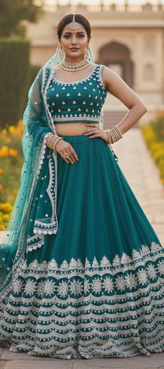 Blue color Lehenga in Net fabric with Embroidered, Thread work
