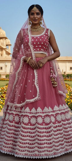 Pink and Majenta color Lehenga in Net fabric with Embroidered, Thread work
