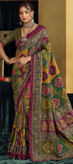 Multicolor color Saree in Silk fabric with Embroidered, Printed, Sequence, Thread work