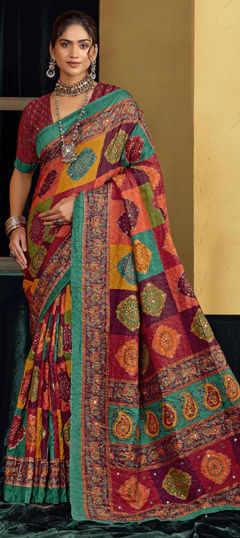 Multicolor color Saree in Silk fabric with Embroidered, Printed, Sequence, Thread work